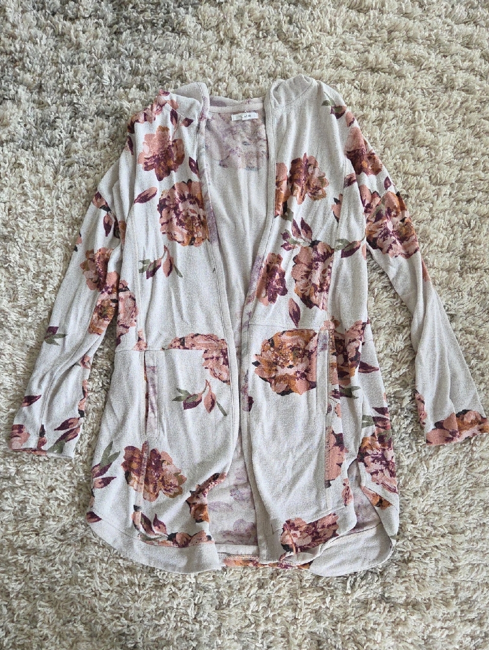 Maurices Cream Open-Front Floral Hooded Cardigan with Mauve and Rust Blooms